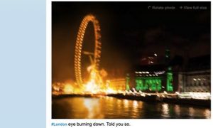 Fausse photographie présentant le London Eye en feu durant les émeutes londoniennes de 2011